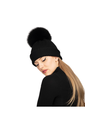 Black Waffle with Black Fox Fur Pom Hat