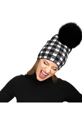 Black & White Mary Ann with Black Fox Fur Pom Hat