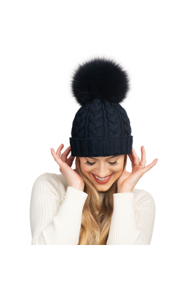 Lindo F Midnight Navy Charlie Cable with Midnight Navy Fox Fur Pom Hat