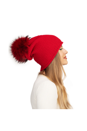 lindo f ski patrol merino wool waffle beanie toque with ski patrol saga raccoon fur pom hat