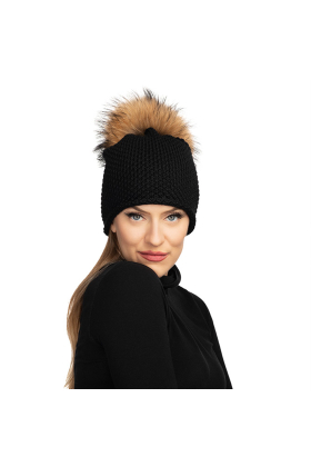 Black Waffle with Natural Raccoon Fur Pom Hat